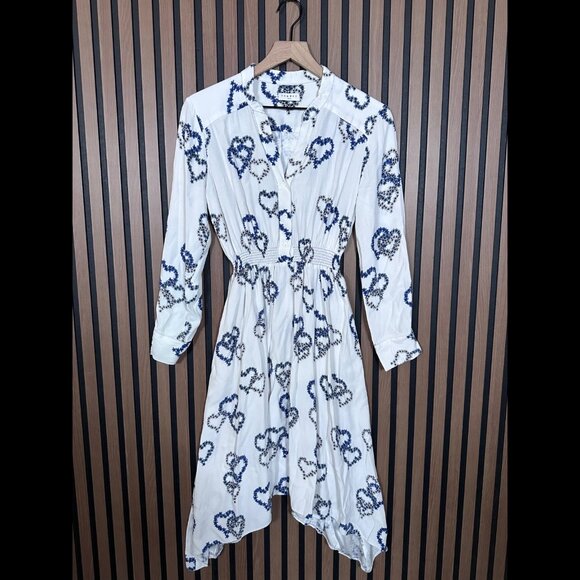 Sandro Dress 40 / US Large Womens White Button Smocked Elastic Waist Heart Art - Picture 1 of 10